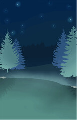 Snowy forest at night, cartoon landscape, stars and trees