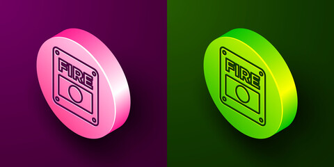 Isometric line Fire alarm system icon isolated on purple and green background. Pull danger fire safety box. Circle button. Vector