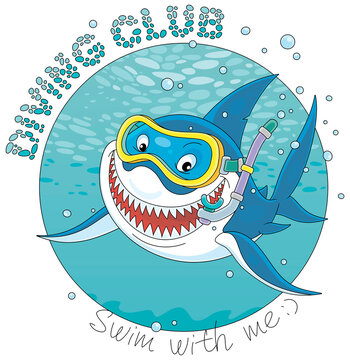 recommend clip art: T-shirt design of a diving club with a funny great white shark swimming with a mask and a snorkel in blue water of a tropical sea, vector cartoon illustration isolated on a white background
