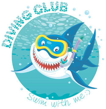 recommend clip art: T-shirt design of a diving club with a funny great white shark swimming with a mask and a snorkel in blue water of a tropical sea, vector cartoon illustration isolated on a white background