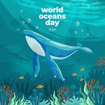 World oceans day 8 June. Save our ocean. Large whale and fish were swimming underwater with beautiful coral and seaweed background vector illustration. 