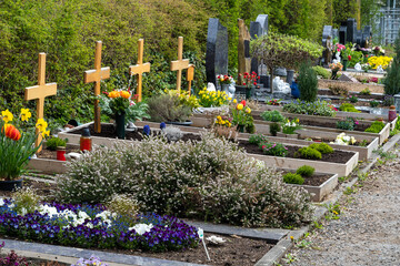 Gräber mit Holzkreuzen auf enem Friedhof