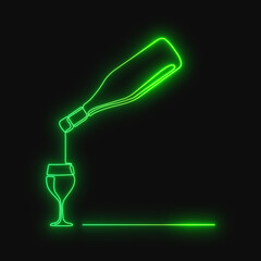 Neon bottle with alcohol.Wine bottle with glass .Continuous one line drawing wine glass . illustration .
