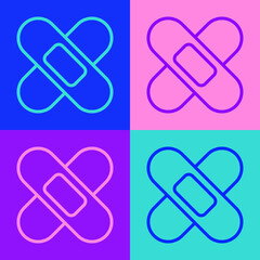 Pop art line Crossed bandage plaster icon isolated on color background. Medical plaster, adhesive bandage, flexible fabric bandage. Vector