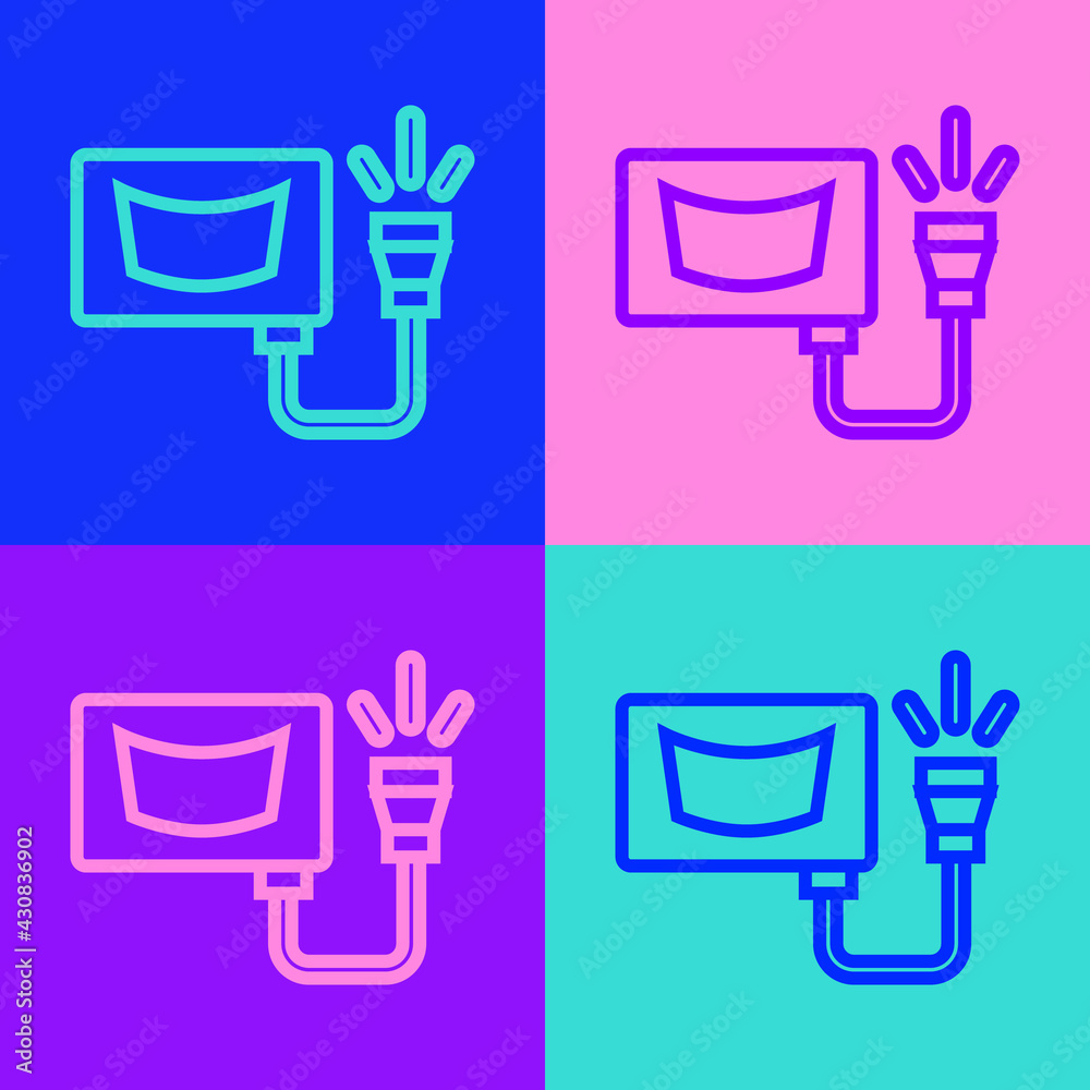 Sticker Pop art line Ultrasound icon isolated on color background. Medical equipment. Vector