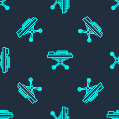 Green line Stretcher icon isolated seamless pattern on blue background. Patient hospital medical stretcher. Vector