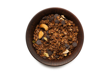 Chocolate granola cereal with nuts in a bowl background.