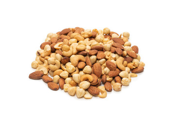 Mix of nuts isolated on white background. Top view.