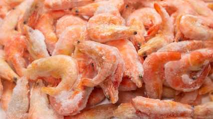 Fresh shrimps in ice. Top view.