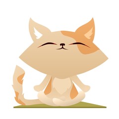 Cute cartoon cat meditating in lotus pose on yoga mat