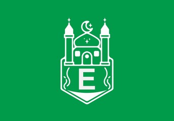 Line art illustration of mosque with E initial letter