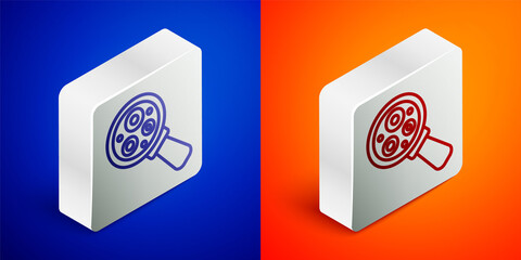Isometric line Microorganisms under magnifier icon isolated on blue and orange background. Bacteria and germs, cell cancer, microbe, virus, fungi. Silver square button. Vector