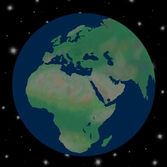 Einfache Illustration der Erde, der Welt und dem All mit Sternen. mit Sicht aus dem Weltall auf Europa, Afrika und Asien. Ohne Wolken, quadratisches Format