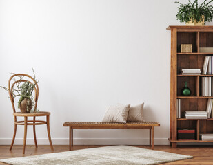 Farmhouse living room interior with wooden furniture, wall mockup, 3d render © artjafara