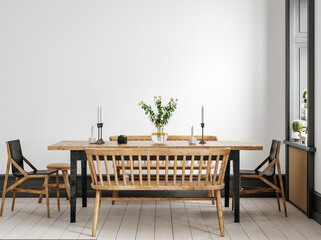 Scandinavian living room interior background, wall mockup, 3d render © artjafara