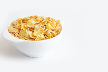 corn flake in bowl on white background, healthy breakfast concept