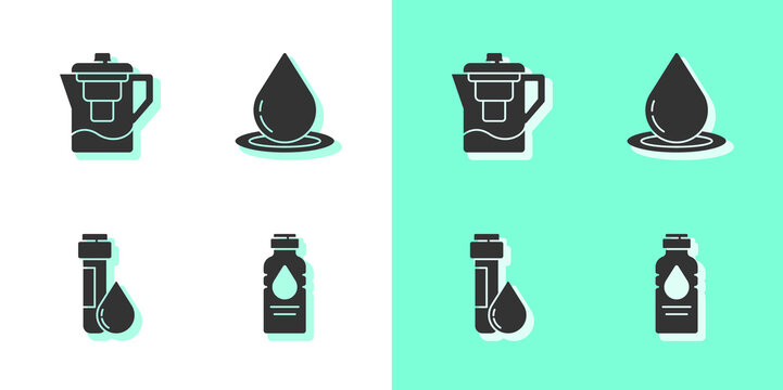 Set Bottle of water, Water jug with filter, Test tube drop and icon. Vector
