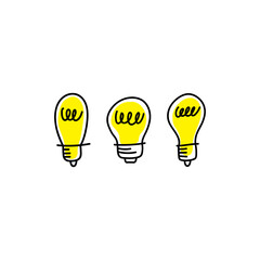 Idea icon doodle. Lightbulb illustration set. Hand drawn electric lamp.