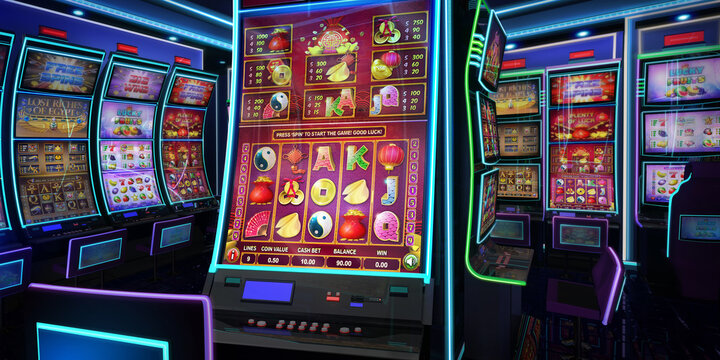 Close view of an Asian-themed video slot game on a slot machine with curved  display and neon lights at the casino playroom. 3D rendered illustration  Stock Illustration | Adobe Stock