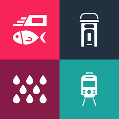 Set pop art Tram and railway, Water drop, London phone booth and Fish chips icon. Vector