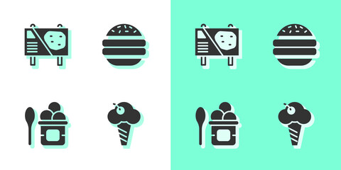 Set Ice cream in waffle cone, Amusement park billboard, bowl and Burger icon. Vector
