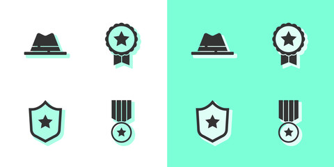 Set Medal with star, Man hat ribbon, Police badge and icon. Vector