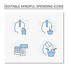 Mindful spendings line icons set. Bugeting, conscious consumption. Buying fewer concepts. Isolated vector illustrations. Editable stroke