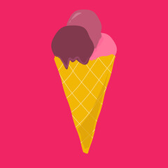 Ice cream cone. Three scoops of pink ice cream in a waffle cup. Strawberry dessert for design.