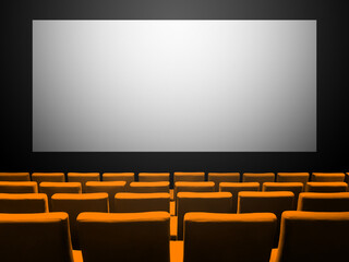 Cinema movie theatre with orange seats and a blank white screen