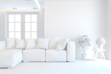 White minimalist living room with sofa. Scandinavian interior design. 3D illustration