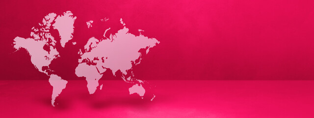 World map on pink wall background. 3D illustration. Horizontal banner