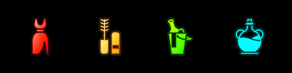 Set Woman dress, Mascara brush, Bottle of wine in bucket and olive oil icon. Vector