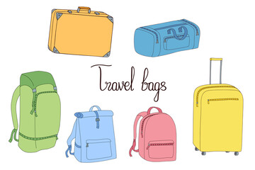 A set of bags and suitcases for travel.Colored isolated doodle objects on a white.