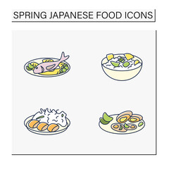 Japanese food color icons. Spring delicates. Asari clams, spring cabbage, takenoko, tai. Tradition meal. Isolated vector illustrations