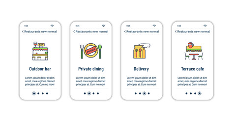 Restaurant new normal onboarding mobile app screens. Regulation through covid19.New rules steps menu. Set of UI, UX, web template with RGB color linear icons