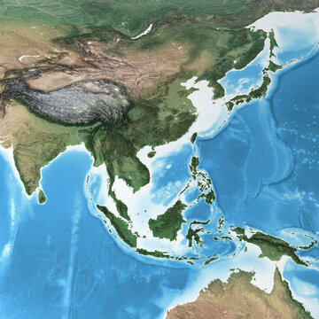 Physical map of South East Asia, with high resolution details. Flattened satellite view of Planet Earth, its geography and topography. 3D illustration - Elements of this image furnished by NASA