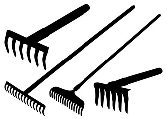 Rake for garden and vegetable garden in a set. Vector image.