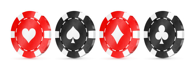
Red and black gambling chips isolated on white background. Casino tokens coins with playing cards symbols: diamonds, spades, clubs and hearts. 3D illustration.