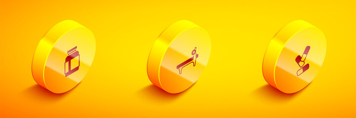 Set Isometric Sports nutrition, Bench with barbel and Vitamin pill icon. Vector