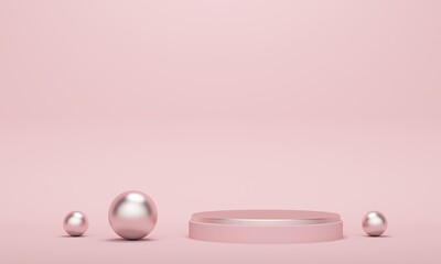 Cylindrical empty podium with metal balls on pink background. 3d rendering