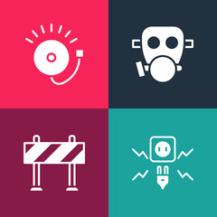 Set pop art Electricity spark, Road barrier, Gas mask and Ringing alarm bell icon. Vector