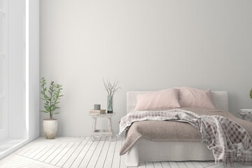 Soft color bedroom interior. Scandinavian design. 3D illustration © AntonSh