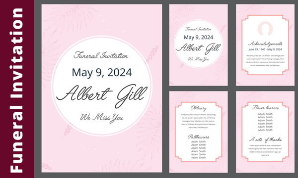 Floral memorial and funeral invitation card template design, cherry blossom and leaves, blue and brown tones. Botanical memorial and funeral invitation card template design, white lilies with black an