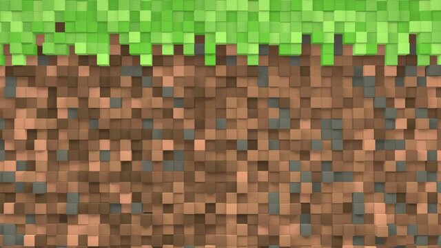 3D Abstract cubes. Video game isometric geometric mosaic waves pattern. Construction of hills landscape using brown and green grass blocks. 3d animation loop of 4K