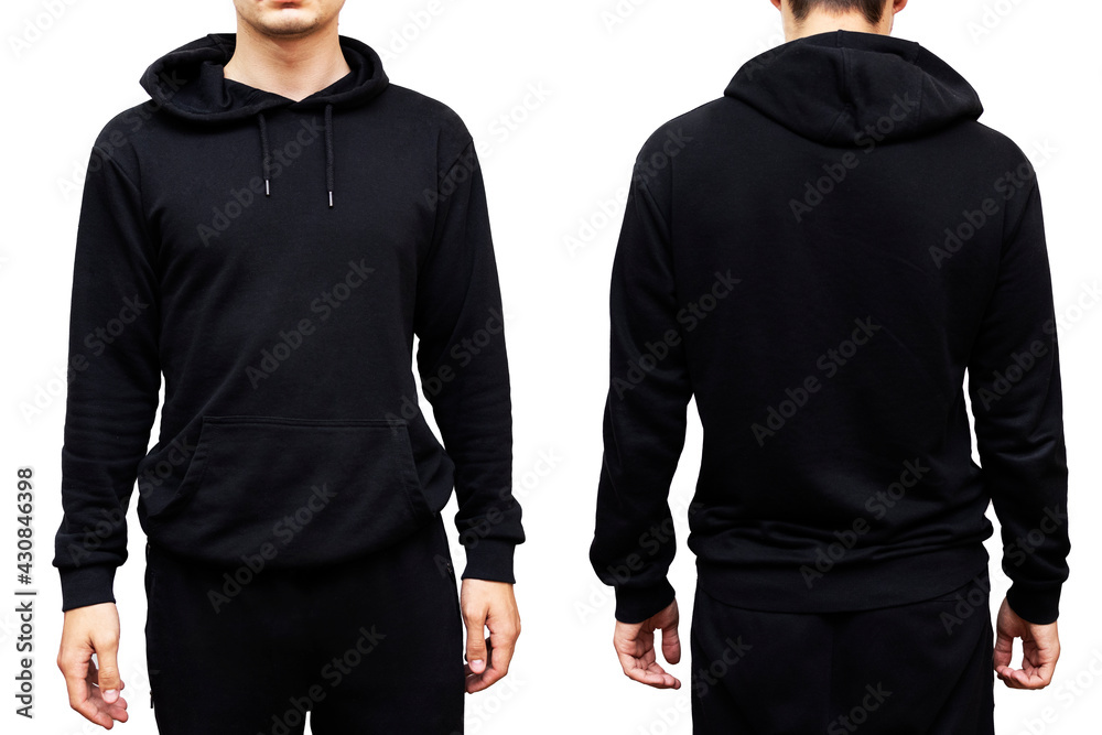 Wall mural Man wearing black hoodie, isolated on white background. Frond and back view.