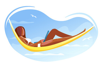 African Woman Working on Laptop Lying in Hammock on Beach. Freelancer, remote work, Summer Time Leisure. Lounging Female Character Relaxing on Resort. Cartoon Flat Vector Illustration isolated white.