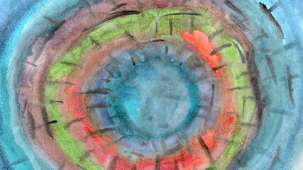 fluid orange, green and blue watercolor background with spiral circular lines drawn