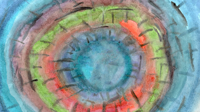 fluid orange, green and blue watercolor background with spiral circular lines drawn © ksenija1803z