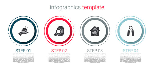 Set Yarn ball with knitting needles, Hearing aid, Nursing home and Sport expander. Business infographic template. Vector