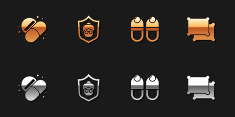 Set Medicine pill or tablet, Grandmother, Slippers and Pillow icon. Vector
